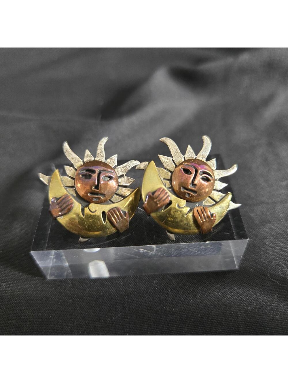 Vintage Taxco Sterling Silver Sun Moon Face Earrings Mixed Metal 925 Copper - Picture 2 of 8